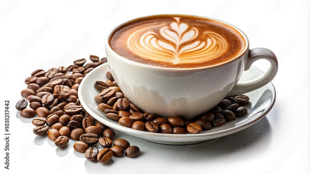 Latte art cappuccino cup with coffee beans on white background Latte art cappuccino cup with coffee beans on white background