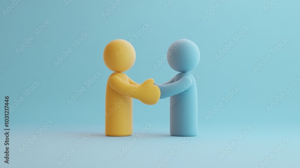 Two colorful figures shaking hands on a blue background, symbol of partnership and cooperation concept Two colorful figures shaking hands on a blue background, symbol of partnership and cooperation concept