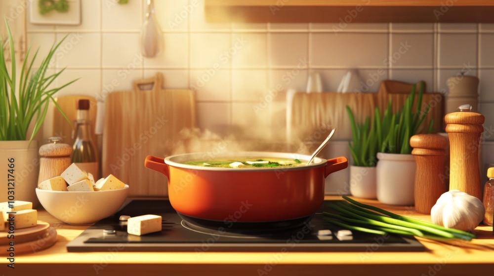 Cozy Kitchen Scene with Simmering Soup Pot Cozy Kitchen Scene with Simmering Soup Pot