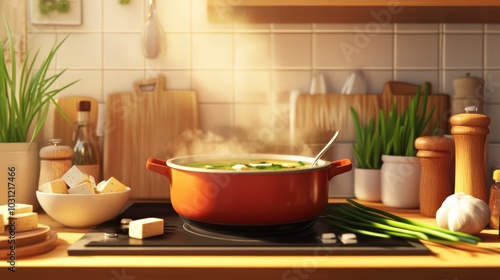 Cozy Kitchen Scene with Simmering Soup Pot