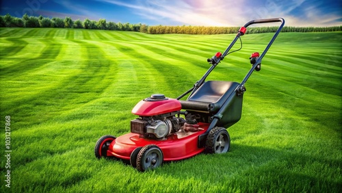 Lawnmower cutting grass in a wide-angle shot