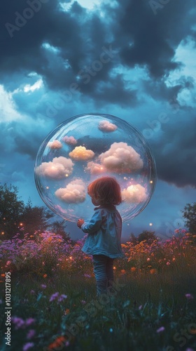 Child gazing at magical bubble with clouds in meadow at dusk photo