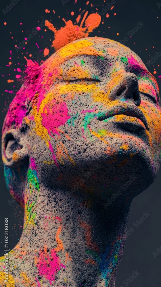 Naklejka premium Colorful powder on stone face sculpture with paint splashes, artistic expression concept