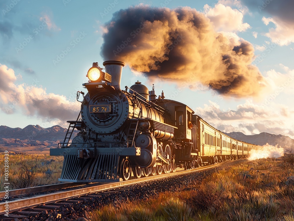 Fototapeta premium Steam locomotive speeding across the Transcontinental Railroad, vibrant colors of the landscape in motion, billowing smoke trailing behind