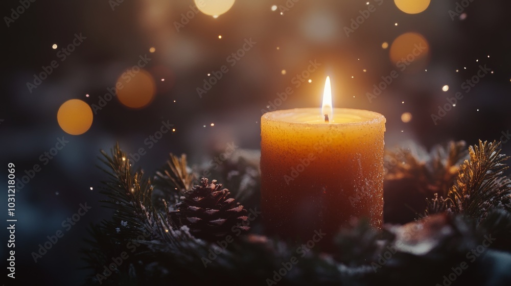 Candle glowing in festive wreath with pine cones, warm bokeh lights in background. Holiday ambiance and winter decor concept Candle glowing in festive wreath with pine cones, warm bokeh lights in background. Holiday ambiance and winter decor concept