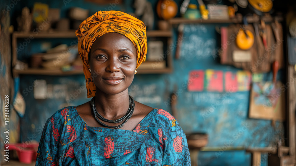 A young woman in a colorful headscarf smiles for the camera. A young woman in a colorful headscarf smiles for the camera.