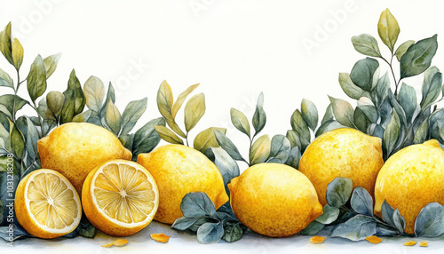 Decorative design with watercolor branches of lemon tree with ripe fruits and flowers.