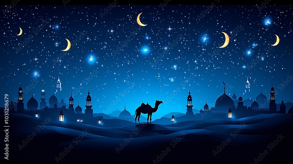 Nighttime Desert Landscape with a Camel and Mosques Nighttime Desert Landscape with a Camel and Mosques