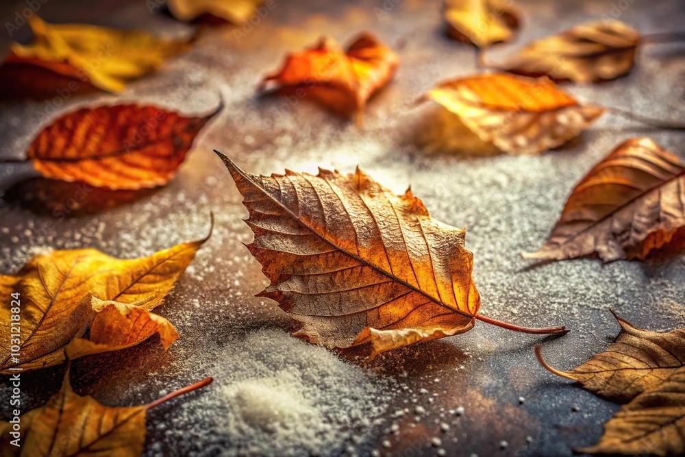 Leaves on a textured surface sprinkled with dust Leaves on a textured surface sprinkled with dust