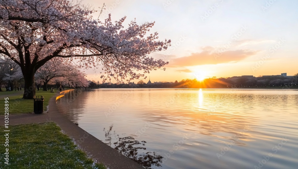 Serene sunset over a lake framed by cherry blossom trees. Serene sunset over a lake framed by cherry blossom trees.