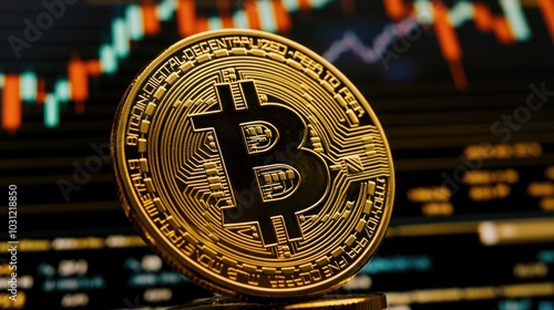 A gold Bitcoin cryptocurrency coin sits in front of a computer screen displaying a stock market chart.