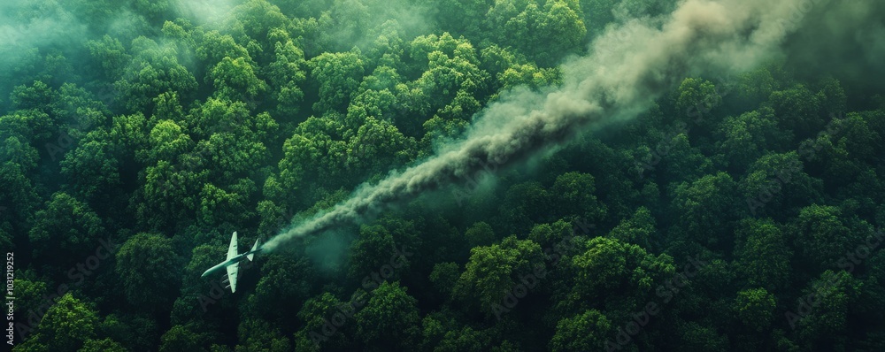 aerial view of plane flying over forest with smoke trail, environmental concept aerial view of plane flying over forest with smoke trail, environmental concept