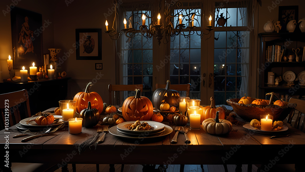 old, rustic wooden table surrounded by Halloween decorations old, rustic wooden table surrounded by Halloween decorations