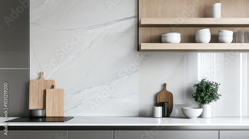 Obraz na płótnie Interior of stylish kitchen with white marble walls, white countertops w salonie