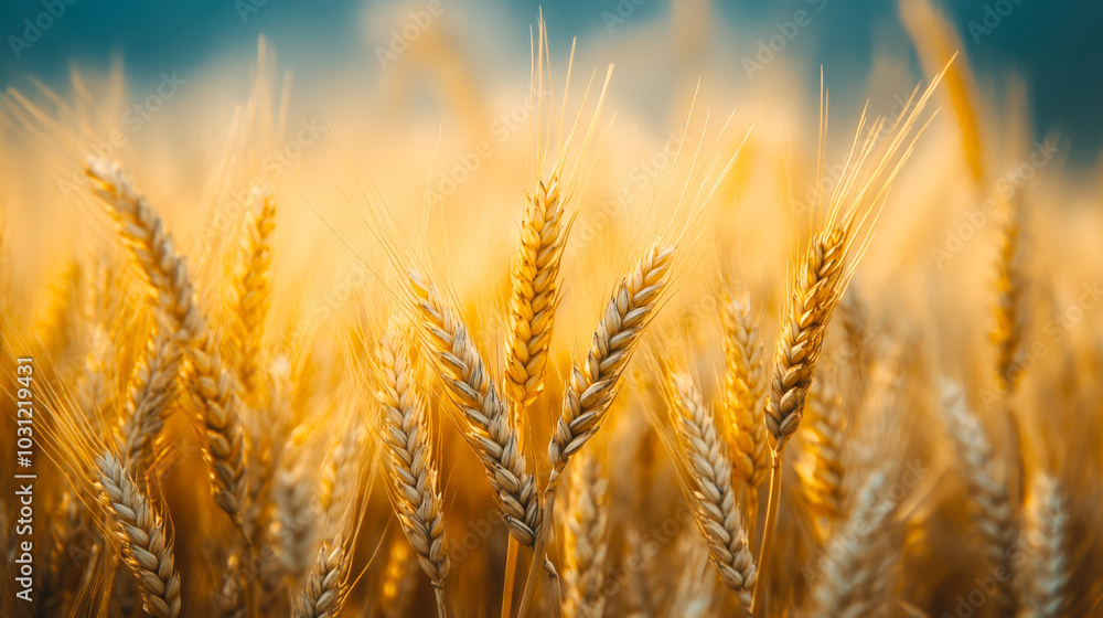 Wheat field with the sun. Golden wheat ears close-up. A fresh crop of rye Wheat field with the sun. Golden wheat ears close-up. A fresh crop of rye