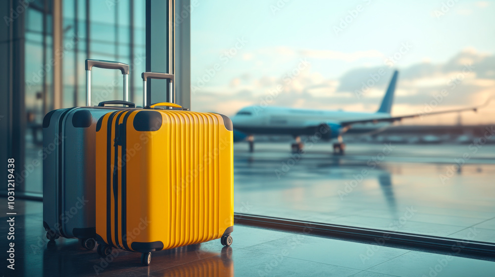 suitcases at an airport terminal, blue sky and plane in the background suitcases at an airport terminal, blue sky and plane in the background
