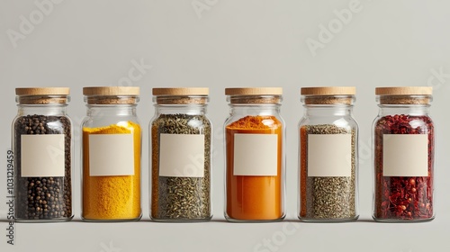 Fototapeta Naklejka Na Ścianę i Meble -  A collection of spice jars featuring various colorful spices, perfect for culinary inspiration and kitchen decor.