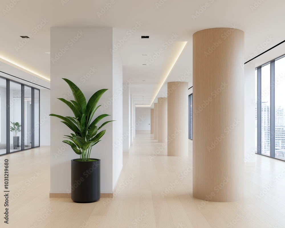 A modern, spacious office hallway featuring large windows, wooden pillars, and a potted plant, emphasizing a bright and minimalist design. A modern, spacious office hallway featuring large windows, wooden pillars, and a potted plant, emphasizing a bright and minimalist design.