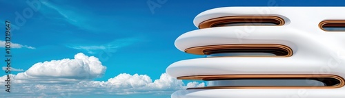 A sleek, modern architectural structure with flowing lines, set against a bright blue sky and fluffy white clouds, showcasing innovative design.