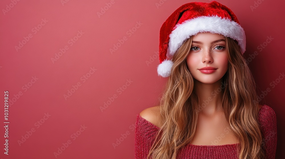 Young woman wearing a Santa hat against a festive background. Young woman wearing a Santa hat against a festive background.
