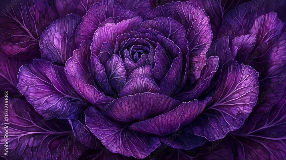 Obraz premium Purple cabbage close-up with intricate leaf details, botanical concept