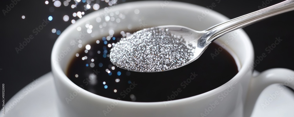 Spoonful of glitter in a cup of coffee, creative concept for abstract art Spoonful of glitter in a cup of coffee, creative concept for abstract art