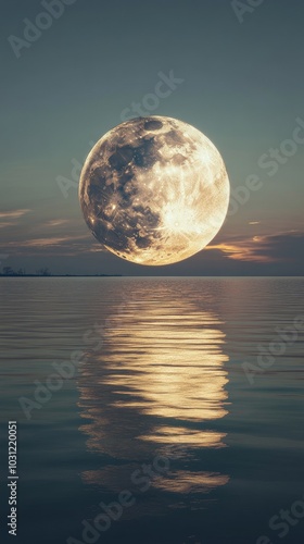 Full moon reflecting on calm sea at sunset, tranquil scene. Nature serenity and celestial beauty concept