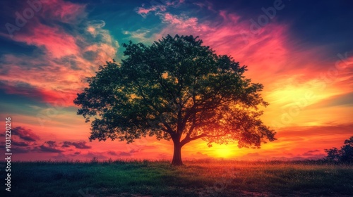 A lone tree stands silhouetted against a vibrant sunset sky, with warm colors and a soft, dreamy aesthetic.