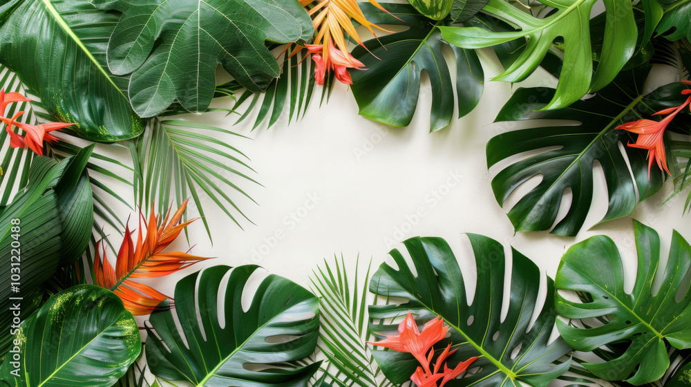 Green flat lay tropical palm leaf branches on white background. Room for text, copy Green flat lay tropical palm leaf branches on white background. Room for text, copy