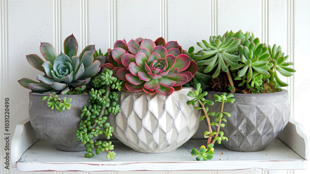 Green, red and pink succulent plants and green cactus in modern geometric cement planters
