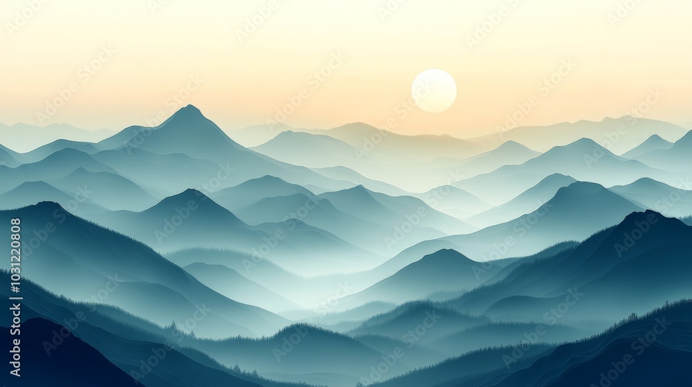 Obraz premium Serene mountain landscape at sunrise, tranquil nature and travel concept