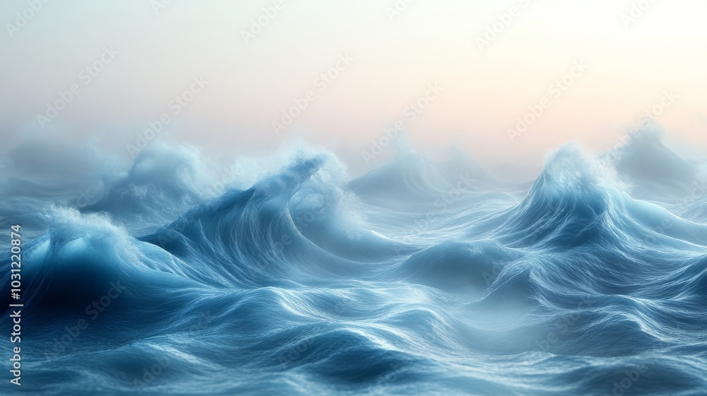 Ocean waves under pastel sunrise, tranquil sea. Nature serenity and beauty concept Ocean waves under pastel sunrise, tranquil sea. Nature serenity and beauty concept