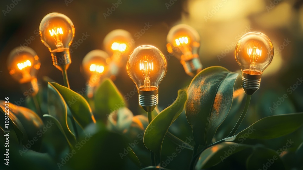Φωτογραφία Illuminated light bulbs growing among lush green leaves, concept of renewable en