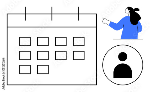 Female pointing at a calendar, alongside a user icon. Ideal for scheduling, planning, organization, team coordination, and time management. Three colors flat style