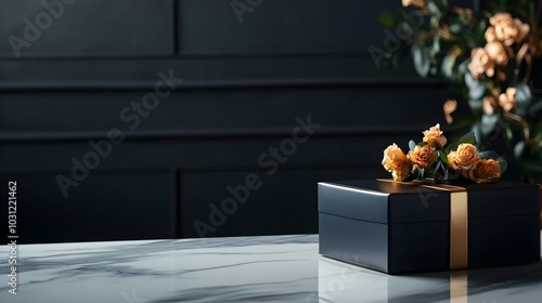 Wallpaper Mural A premium meal delivery box, elegant packaging design, dark tones, gold foil lettering, set in a luxurious dining room, minimalistic style, isolated on white background Torontodigital.ca