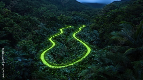 Fototapeta Naklejka Na Ścianę i Meble -  A winding path through a lush jungle with glowing green leaves