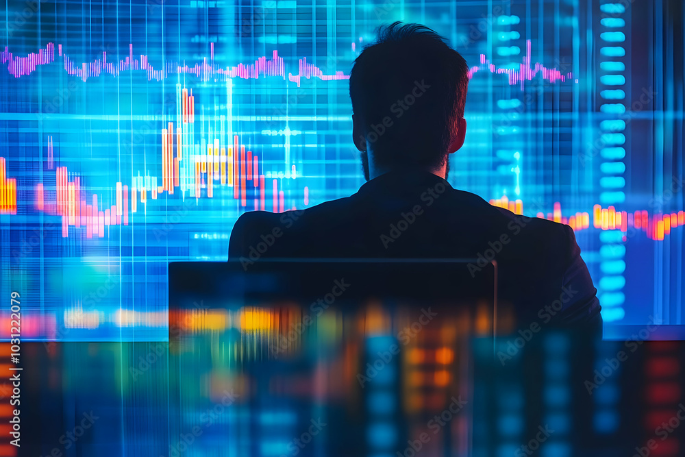 Silhouette of a Person Looking at a Data Chart on a Computer Screen - Realistic Image Silhouette of a Person Looking at a Data Chart on a Computer Screen - Realistic Image