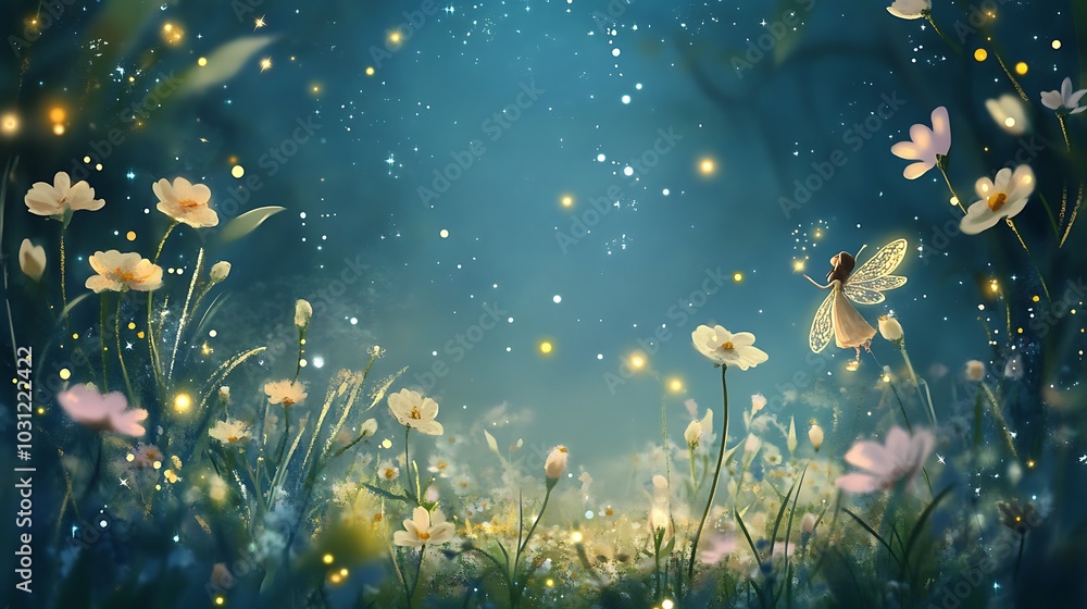 A fairy with glowing wings flies among white flowers and fireflies in a magical night field A fairy with glowing wings flies among white flowers and fireflies in a magical night field