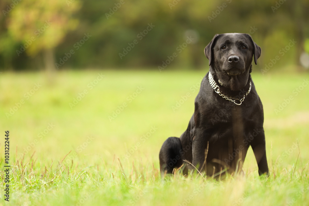 Adorable Labrador Retriever dog sitting on green grass. Space for text Adorable Labrador Retriever dog sitting on green grass. Space for text