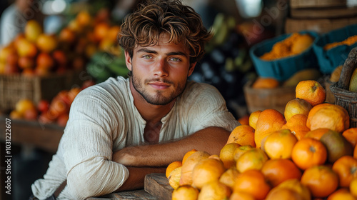 Young man with curly hair and a beard leans against a pile of oranges in a market.