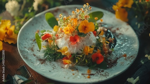 Colorful Floral Plate with Edible Flowers and Garnish