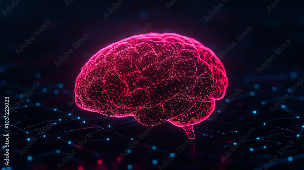 A glowing, pink brain illustration set against a dark, abstract background filled with glowing dots, symbolizing intelligence and technology. A glowing, pink brain illustration set against a dark, abstract background filled with glowing dots, symbolizing intelligence and technology.