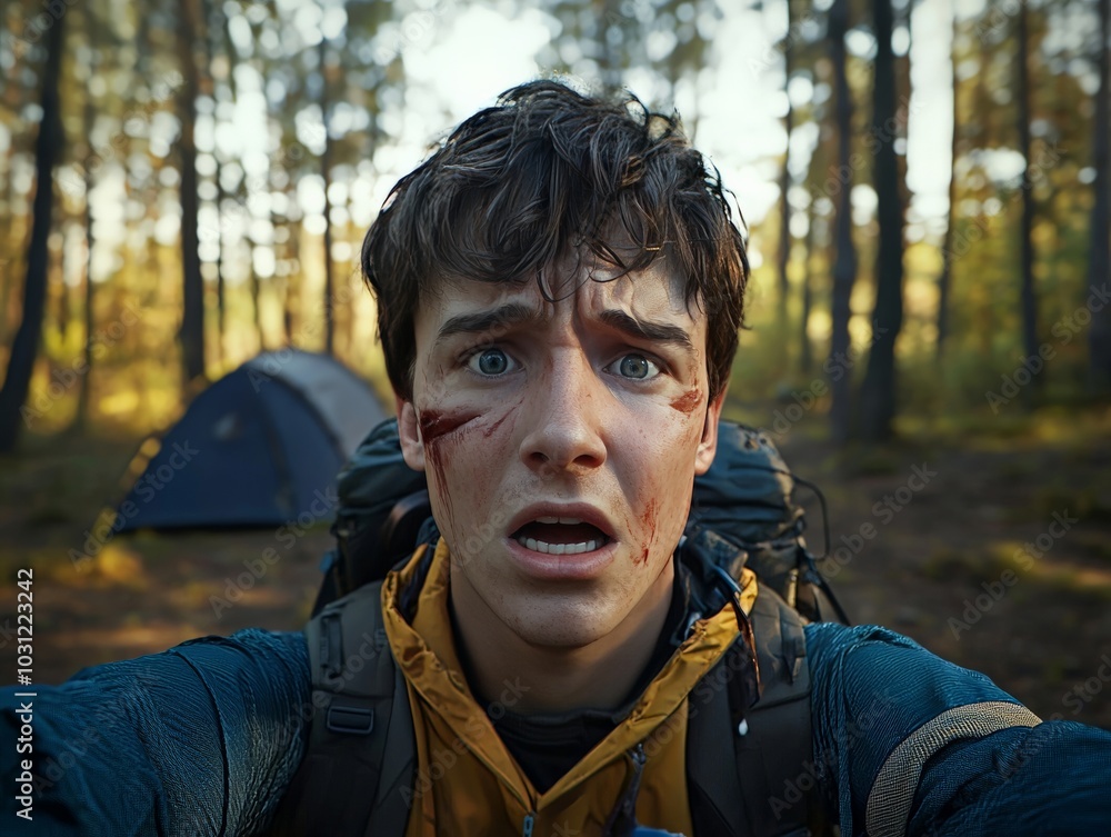 A scared camper taking a selfie in the forest, standing at his campsite. His face shows signs of injury, and his eyes convey pure terror as he faces the camera. A scared camper taking a selfie in the forest, standing at his campsite. His face shows signs of injury, and his eyes convey pure terror as he faces the camera.