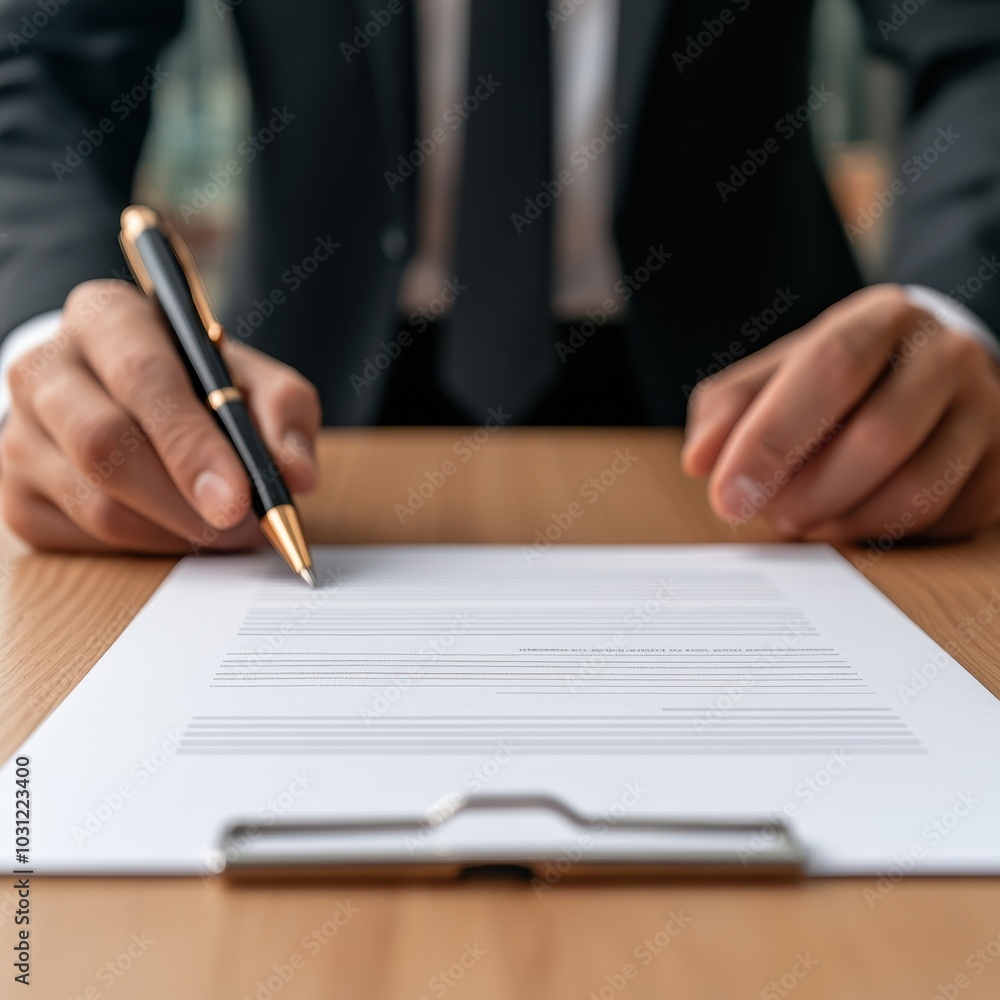 A formal setting with a man holding a pen above a document, suggesting action on paperwork or signing. A formal setting with a man holding a pen above a document, suggesting action on paperwork or signing.