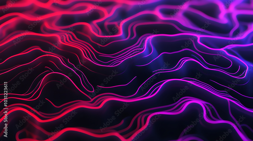 Obraz premium Abstract illustration featuring a vibrant mixture of flowing lines in red and blue, creating a dynamic and energetic visual effect on a dark background.
