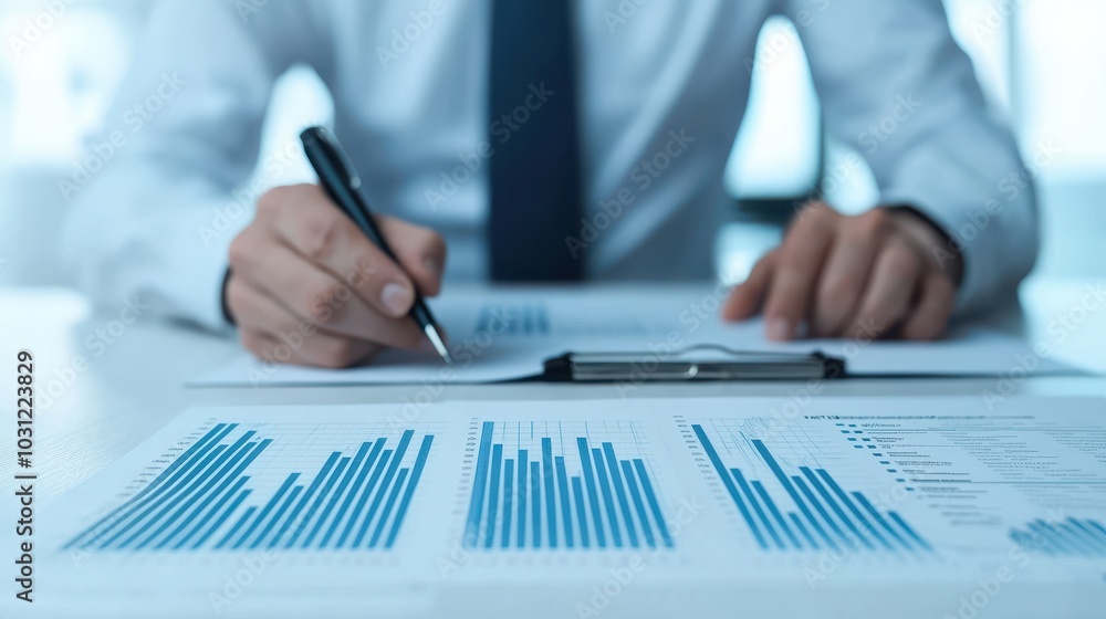 A man in a suit analyzes data on a report while writing notes, surrounded by graphs and charts. A man in a suit analyzes data on a report while writing notes, surrounded by graphs and charts.