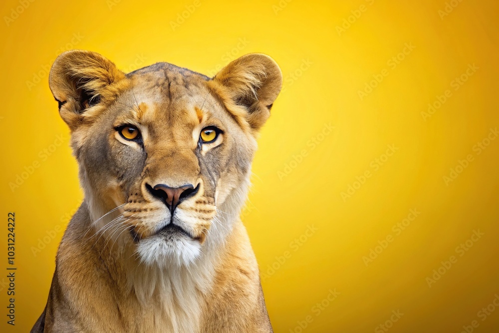 Obraz premium Lioness sitting at a tilted angle on yellow background with copy space