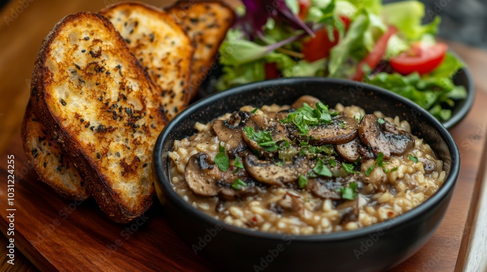 Savory Mushroom Risotto with Salad and Toast Savory Mushroom Risotto with Salad and Toast