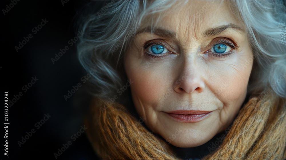Close-up portrait of a woman with gray hair and blue eyes, wearing a brown scarf. Close-up portrait of a woman with gray hair and blue eyes, wearing a brown scarf.