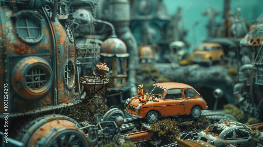 Tiny Model Cars in a Whimsical Land Scene Tiny Model Cars in a Whimsical Land Scene